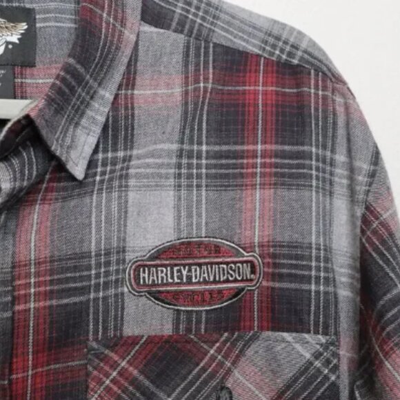 Harley Davidson Embroidered Flannel Long Sleeve Button Up Shirt MENS XL Gray Red - Picture 3 of 5